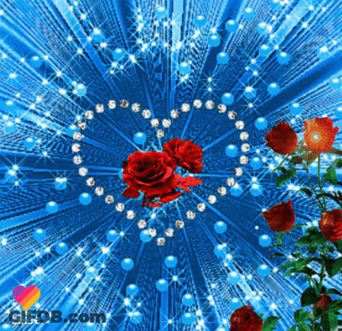 A Blue Background With Red Roses And Diamonds In A Heart Shape GIF
