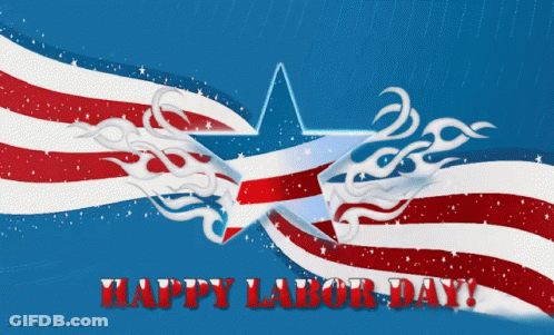 A Blue Background With Red White And Blue Stripes And The Words Happy Labor Day GIF