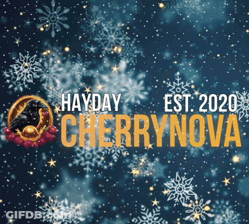 A Blue Background With Snowflakes And Hayday Cherrynova GIF