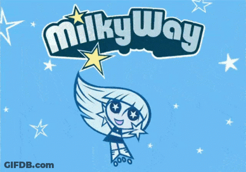 A Blue Background With The Milky Way Logo And A Cartoon Girl On Roller Skates GIF