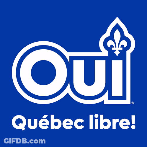 A Blue Background With The Word Oui And Quebec Libre On It GIF
