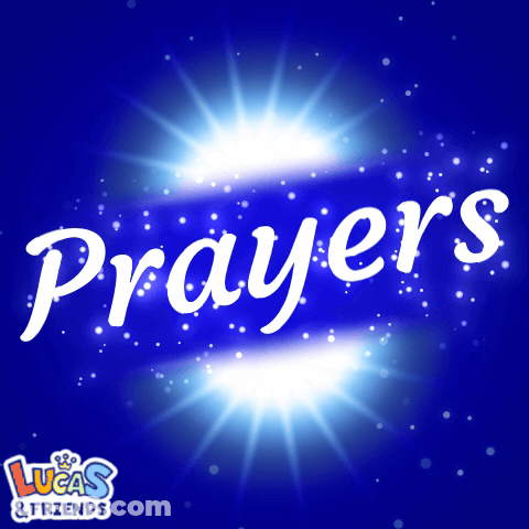 A Blue Background With The Word Prayers In White GIF
