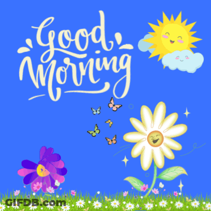 A Blue Background With The Words Good Morning Written On It GIF