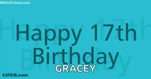 A Blue Background With The Words Happy 17Th Birthday Gracey Written On It GIF