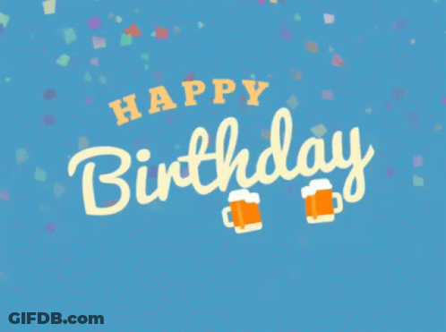 A Blue Background With The Words Happy Birthday And Two Mugs Of Beer GIF