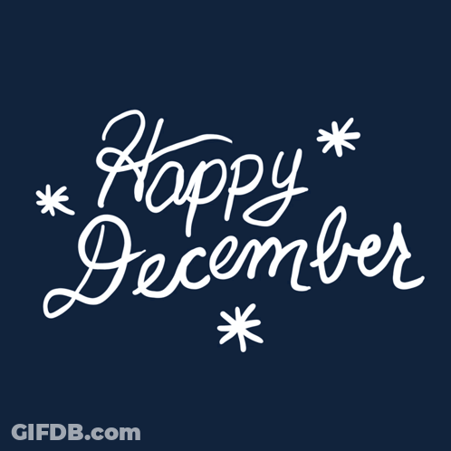 A Blue Background With The Words Happy December Written In White GIF