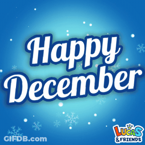 A Blue Background With The Words Happy December Written On It GIF