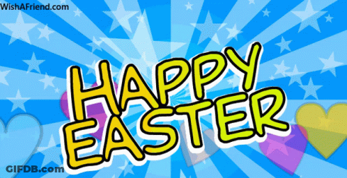 A Blue Background With The Words Happy Easter In Yellow Letters GIF