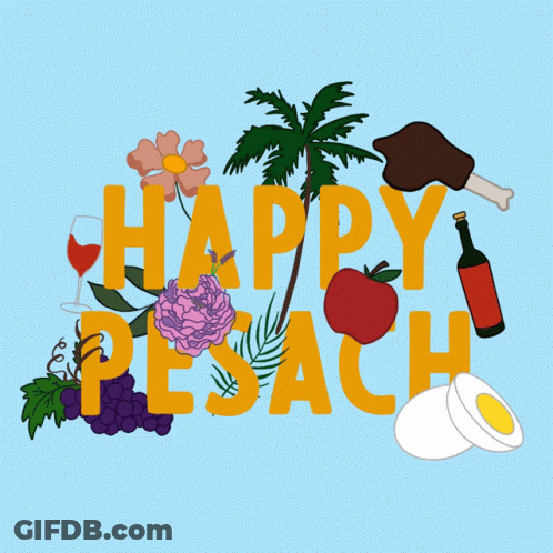 A Blue Background With The Words Happy Pesach Surrounded By Fruits And Vegetables GIF