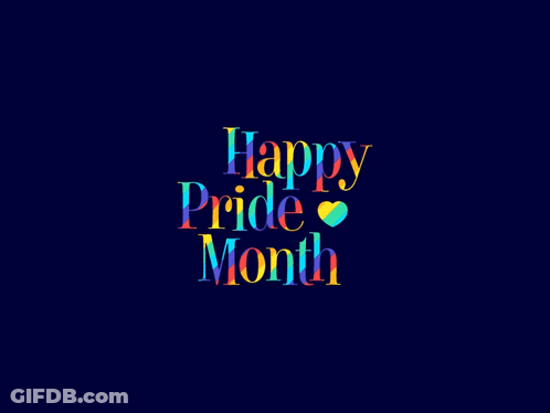 A Blue Background With The Words Happy Pride Month Surrounded By Fireworks GIF