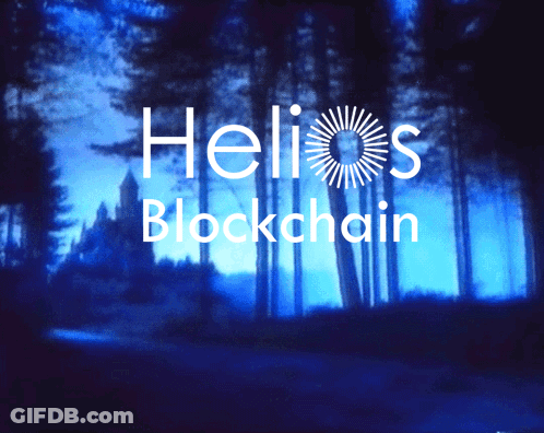 A Blue Background With The Words Helios Blockchain Written On It GIF
