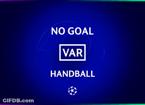 A Blue Background With The Words " No Goal Var Handball " On It GIF