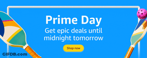 A Blue Background With The Words Prime Day Get Epic Deals Until Midnight Tomorrow Written On It GIF