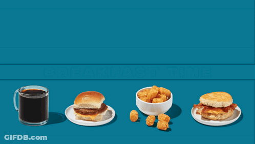 A Blue Background With The Words Rise Breakfast Time Written On It GIF