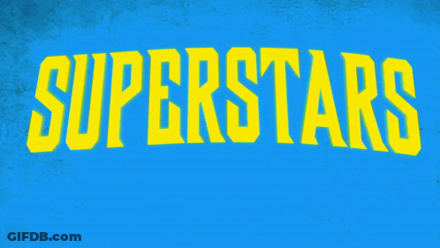 A Blue Background With The Words Superstars Written In Yellow GIF