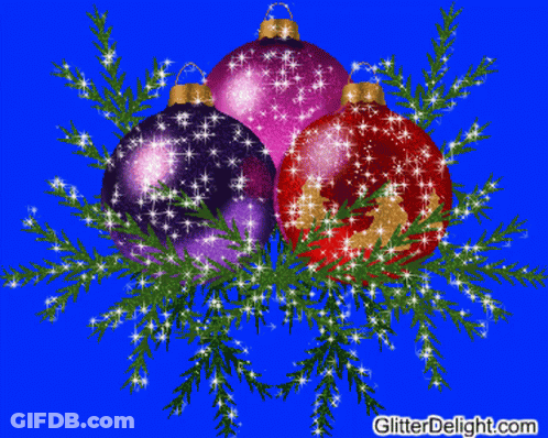 A Blue Background With Three Christmas Ornaments And The Website Glitterdelight.com In The Corner GIF