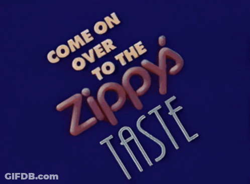 A Blue Background With Tomatoes And The Words " Come On Over To The Zippy 'S Taste " GIF