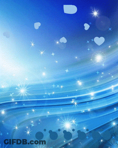 A Blue Background With White Hearts And Stars Floating In The Air GIF