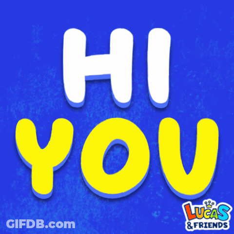 A Blue Background With Yellow And White Letters That Say Hi You By Lucas & Friends GIF