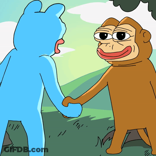 A Blue Bear And A Brown Monkey Shake Hands GIF