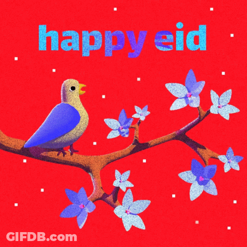 A Blue Bird Is Sitting On A Branch With The Words Happy Eid Written Above It GIF