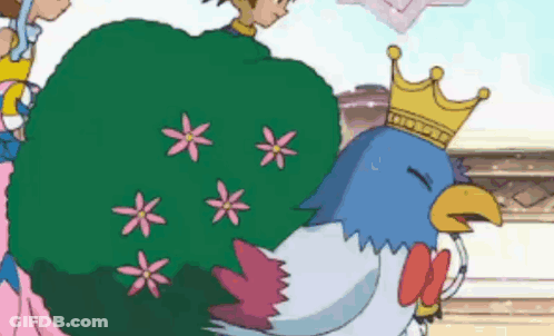 A Blue Bird With A Crown On Its Head Is Sitting On A Person 'S Back In A Cartoon . GIF