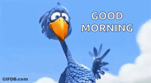 A Blue Bird With A Yellow Beak Is Waving With The Words " Good Morning " Below It GIF