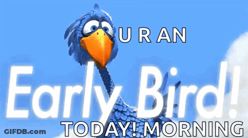 A Blue Bird With An Orange Beak Is On A Sign That Says Early Bird Today Morning GIF