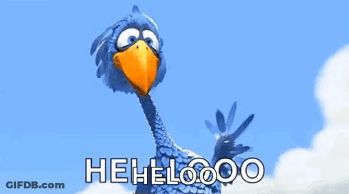 A Blue Bird With An Orange Beak Is Standing In Front Of A Blue Sky With The Words " Hehelooo " On It GIF