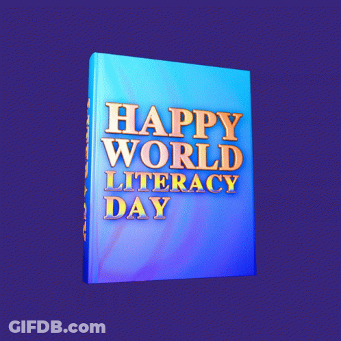 A Blue Book Says Happy World Literacy Day GIF