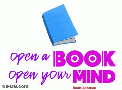 A Blue Book With The Words " Open A Book Open Your Mind " Below It GIF