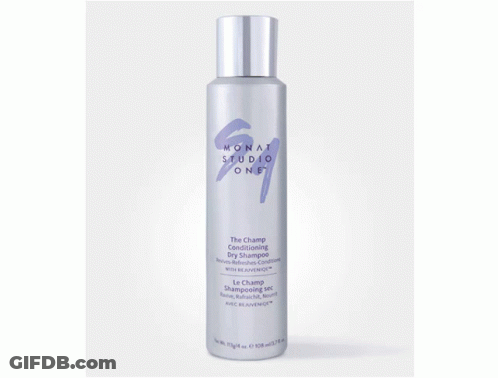 A Blue Bottle Of Monat Conditioner On A White Surface GIF