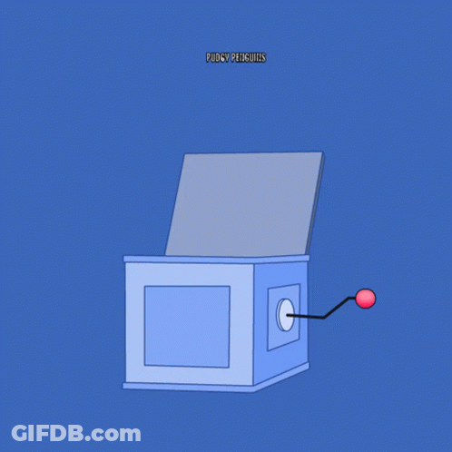 A Blue Box With A Penguin Inside Of It And The Words Pudgy Penguins Are Popping Off GIF