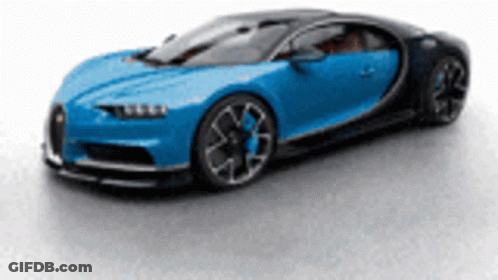 A Blue Bugatti Chiron Is On A White Background . GIF
