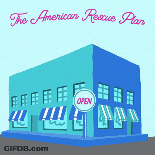 Blue Building With Awnings And Open Sign GIF