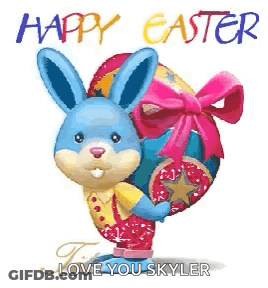 A Blue Bunny Is Holding A Pink Easter Egg With A Bow On It . GIF