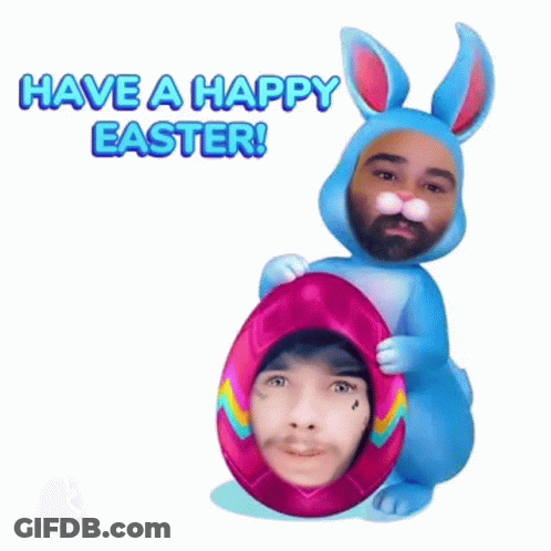 A Blue Bunny Is Holding A Pink Egg With A Man 'S Face In It GIF