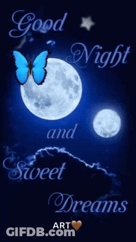 A Blue Butterfly Is Flying In Front Of A Full Moon With The Words Good Night And Sweet Dreams GIF