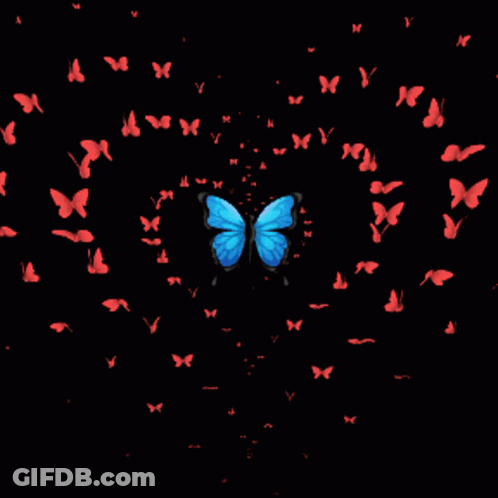 A Blue Butterfly Is Surrounded By Red Butterflies With The Letter H On The Bottom GIF