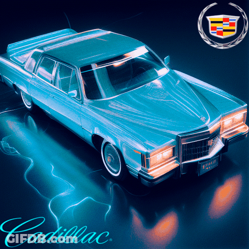 A Blue Cadillac With The Word Cadillac Written On The Bottom GIF