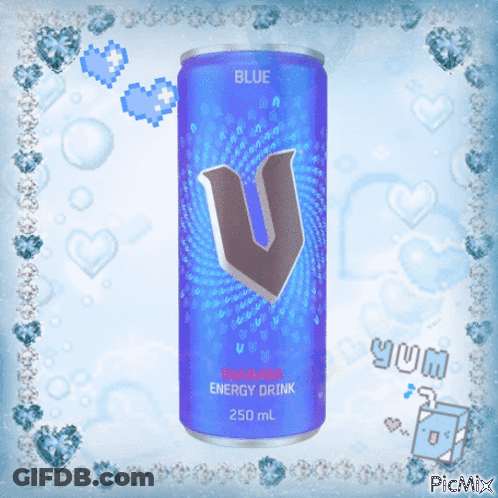 A Blue Can Of V Energy Drink Surrounded By Hearts And Diamonds GIF