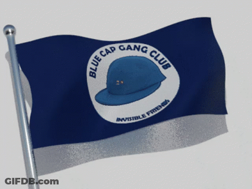 A Blue Cap Gang Club Flag With A Blue Hat On It GIF