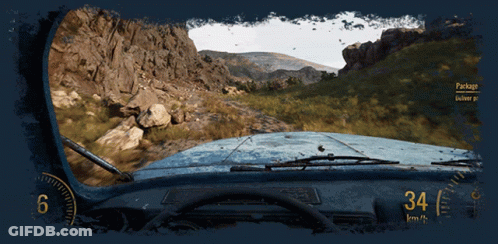 A Blue Car Is Driving Down A Dirt Road And The Dashboard Reads 34 Km / H GIF