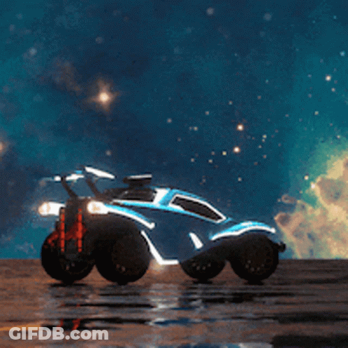 A Blue Car Is Driving On A Wet Road In Front Of A Starry Sky GIF