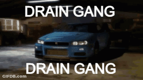 A Blue Car Is Parked In A Garage With The Words Drain Gang Drain Gang On The Bottom GIF