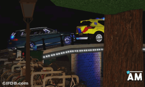 A Blue Car Is Parked On A Bridge Next To A Yellow Car GIF