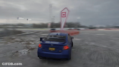 A Blue Car With A New York License Plate Is Driving Down A Wet Road GIF