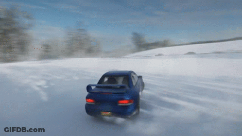 A Blue Car With A New York License Plate Is Driving Through Snow GIF