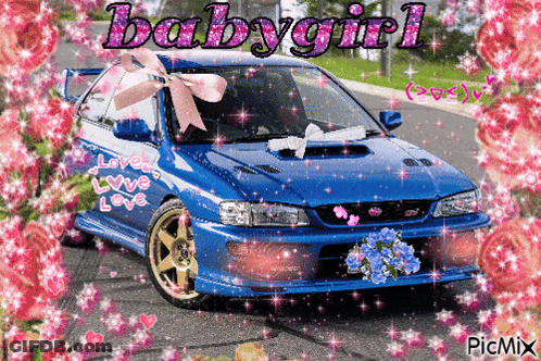A Blue Car With A Pink Bow And The Words Babygirl GIF