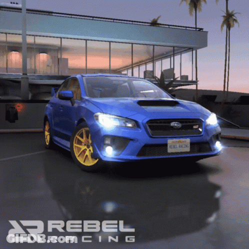 A Blue Car With A Rebel Racing License Plate Is Parked In Front Of A Building GIF
